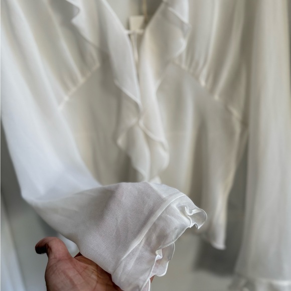 Aritzia NWT Frenchie Blouse Womens L Light Birch Ruffled Trim Tie Close Sheer - Picture 6 of 10